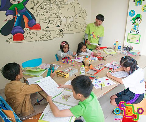 Drawing teacher teach kids how to draw manga and coloring using crayon